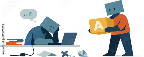 Digital Learning Support. Second abstract geometric human figure appears nearby holding one simplified lesson block as early