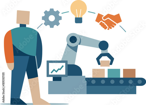 Calm abstract geometric human figure stands beside single simplified automated tool reframing artificial intelligence replacing