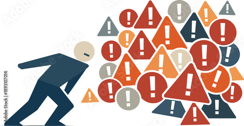 Geometric Chaos Tension. Single abstract geometric human figure leans between rapidly multiplying alert shapes conveying rising