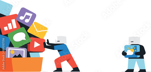 Second abstract geometric human figure appears nearby holding one contained app block as early attempt to resist digital