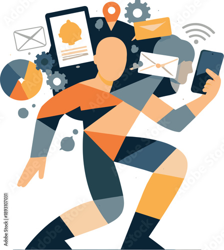 Geometric Cognitive Overload. Abstract geometric human figure appears partially fragmented as automated shapes overlap and