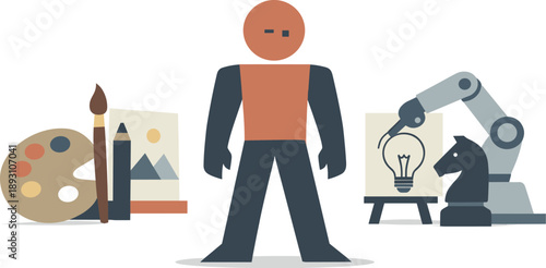 Image Generation. Single abstract geometric human figure stands between human-made and automated creative forms conveying tension