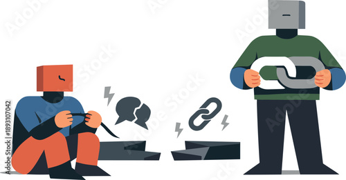 Second abstract geometric human figure appears holding single bridging symbol as early attempt to resolve digital communication