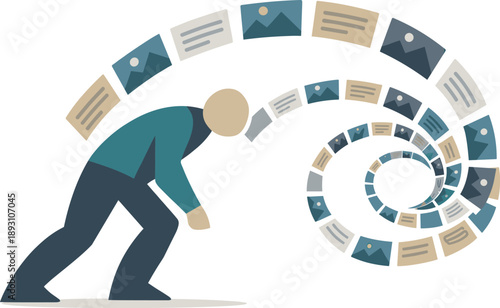 Single abstract geometric human figure leans forward as looping content tiles accelerate and tighten conveying rising tension