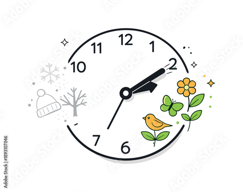 Seasonal Clock Transformation. Symbolic Visuals: Clock Pointing to Spring. Modern editorial illustration of a clock where winter symbols fade and spring