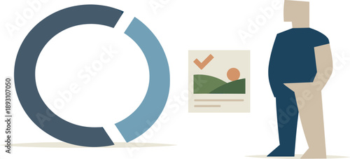 Image Generation. Calm abstract geometric human figure stands outside broken circular loop beside single chosen content tile