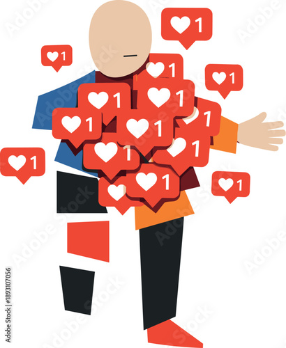 Abstract geometric human figure appears partially fragmented as floating hearts overlap and obscure body representing emotional