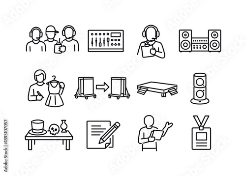Stage Production Icons. Stage Production. Line icon set of Stage Production: production crew icon, lighting board, stage manager, sound system, costume