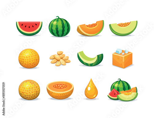 Colorful Melon Icons. Melons. Colorful flat vector icons set of Melons: watermelon slice, whole watermelon, cantaloupe wedge, honeydew slice, galia melon,