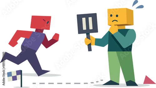 Image Generation. Second abstract geometric human figure appears slightly ahead holding single paused marker as early doubt