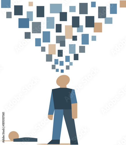 Abstract geometric human figure stands beneath cascading data blocks funneling inward expressing artificial intelligence data