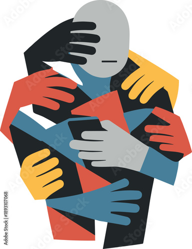 Image Generation. Abstract geometric human figure appears partially fragmented as grabbing hands overlap and obscure body