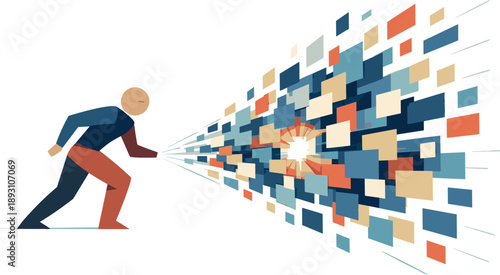 Image Generation. Single abstract geometric human figure leans as data blocks multiply and accelerate toward center conveying