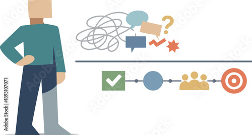 Image Generation. Calm abstract geometric human figure stands beside single aligned connection reframing online collaboration