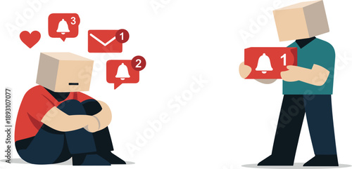 Image Generation. Second abstract geometric human figure appears nearby holding one removed notification block as early attempt to