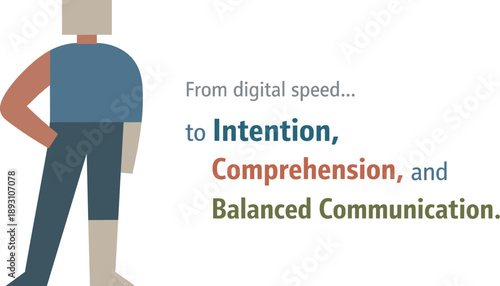 Calm abstract geometric human figure stands beside single clearly spaced message block reframing digital messaging speed