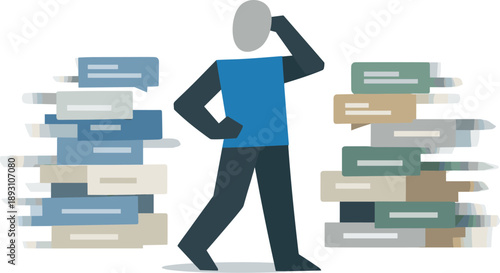 Image Generation. Abstract geometric human figure stands amid rapidly stacked message blocks blurring together expressing digital