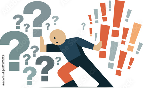 Image Generation. Single abstract geometric human figure leans between multiplying curiosity symbols conveying rising tension