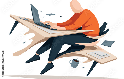 Abstract geometric human figure appears partially fragmented as desk surface distorts and pulls body representing cognitive and