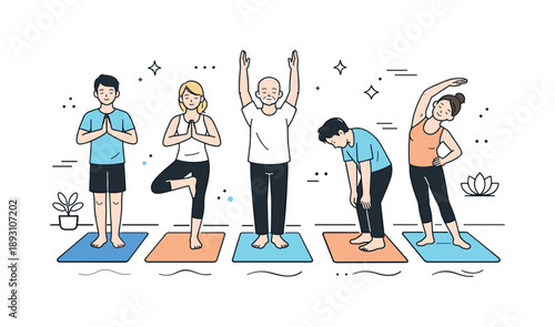 Mindful Yoga Practice. Yoga class practice. Group of people standing on mats performing simple poses together, calm breathing and balanced posture. Peaceful