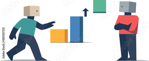 Image Generation. Second abstract geometric human figure appears observing suggested blocks while first begins to follow them