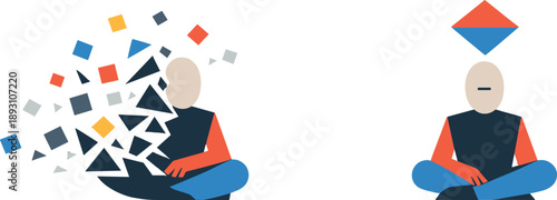 Abstract geometric figure releases scattered blocks as storm dissipates leaving one central shape reflecting conscious refocus