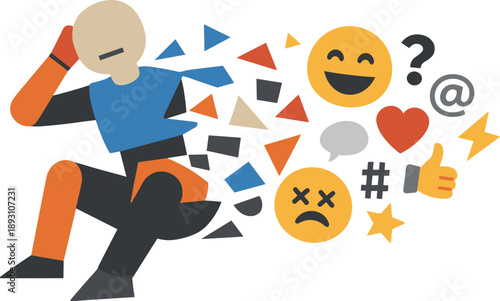 Image Generation. Abstract geometric figure partially fragments into simplified symbol-like shapes merging with emojis suggesting