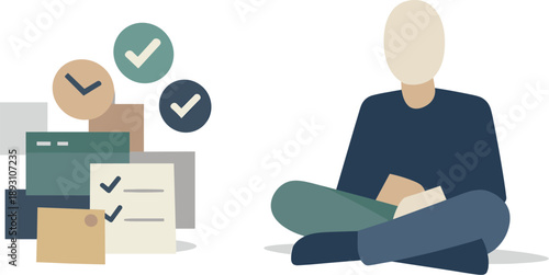 Abstract geometric human figure surrounded by ticking symbols and task blocks suggesting online productivity