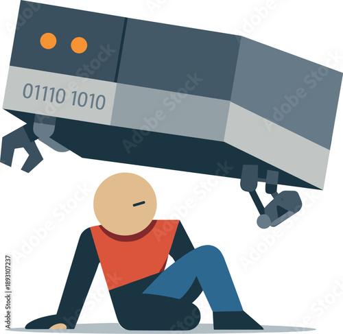 Single abstract geometric figure positioned beneath oversized automated block revealing imbalance and loss of agency within