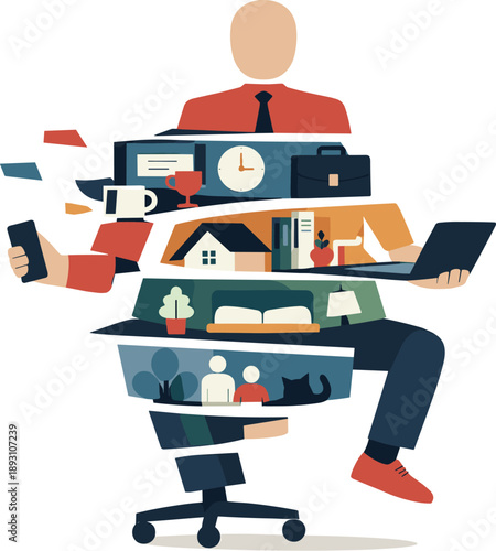 Abstract geometric figure partially fragments into stacked layers of work and home symbols suggesting identity erosion during