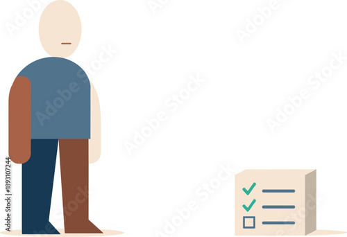 Minimalist Geometric Silence. Calm abstract geometric figure stands beside one intentionally set-down task block in wide white