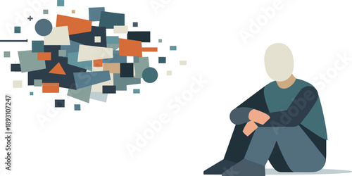 Abstract geometric human figure surrounded by dense floating signal shapes suggesting virtual noise overpowering human focus in