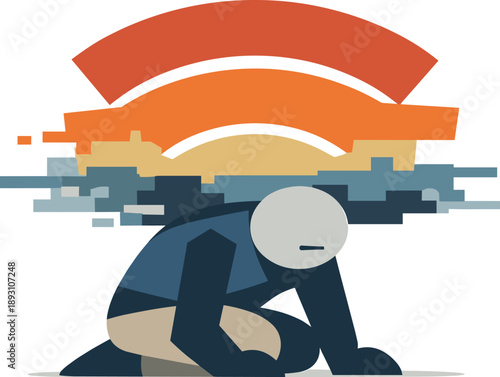 Single abstract geometric figure compressed beneath layered signal shapes revealing pressure and reduced clarity