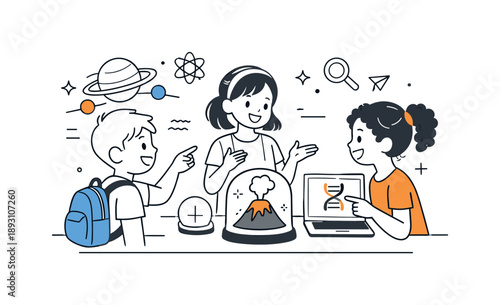 Kids Exploring Science. Kids learning science together. Small group discussing an exhibit and pointing at displays, collaborative curiosity and