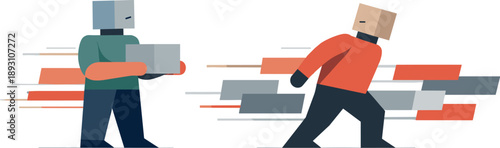 Image Generation. Second abstract geometric figure appears holding slowed aligned block while rapid blocks continue past first