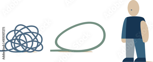 Calm abstract geometric figure stands beside loosened simplified loop in wide white space reframing digital dependency