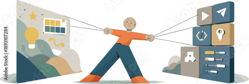 Single abstract geometric figure pulled between open creative space and rigid tool blocks revealing tension and dependency in