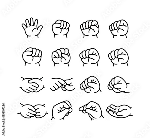 Baby Hand Icon Set. Baby hands grasping. Line icon set of baby hand positions: open hand, closed hand, curled fingers, partial grip, full grip, three-finger