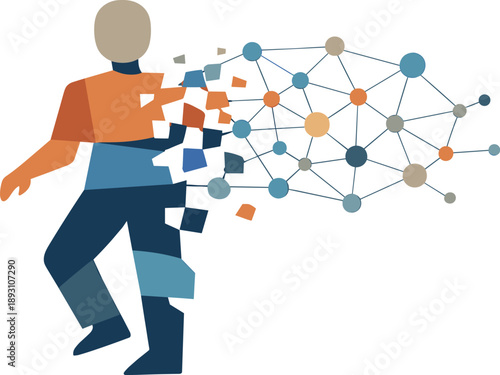 Fragmented Network Geometry. Abstract geometric figure partially fragments into repeating connection shapes becoming network-like