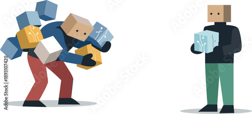 Image Generation. Second abstract geometric human figure appears holding a single filtered assistance block while first remains