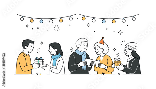 Joyful Year-End Exchange. Year-end celebration. People exchanging small gifts or greetings under simple seasonal lights. Friendly tradition, emotional warmth,