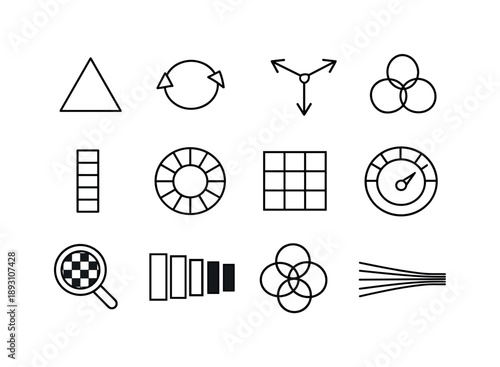 Color Theory Icons. Color Theory Symbols. Line icon set of Color Theory Symbols: primary triangle, complementary arrows, split-complement icon, triadic color