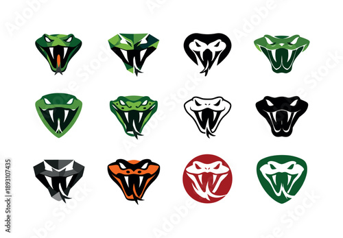 Predator Logo Collection. Fierce predators. Icon set. Set Logo of fierce predators: striking snake. harmonious logo variations of the same emblematic concept,