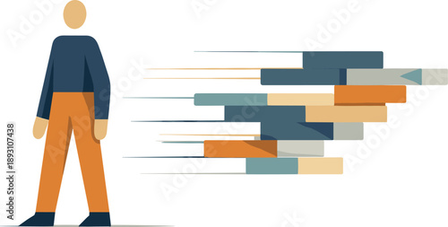 Abstract geometric human figure stands beside fast-moving segmented blocks suggesting digital life speed imbalance in isolated