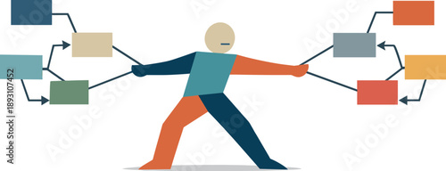 Single abstract geometric human figure pulled in opposing directions by branching option blocks revealing tension and decision