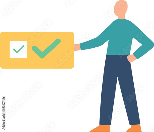 Image Generation. Calm abstract geometric human figure stands beside single intentionally chosen option block in wide white space