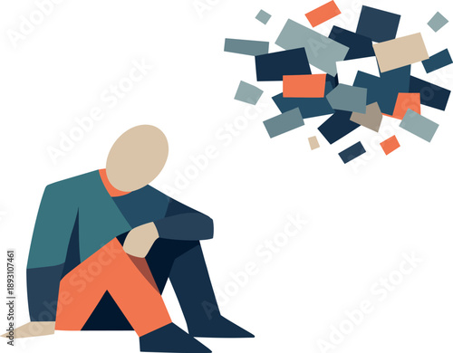 Abstract geometric human figure surrounded by fractured floating blocks disrupting attention suggesting digital overload breaking