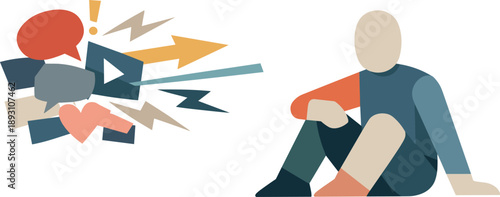 Geometric Digital Chaos. Abstract geometric human figure surrounded by competing attention blocks pulling in multiple directions