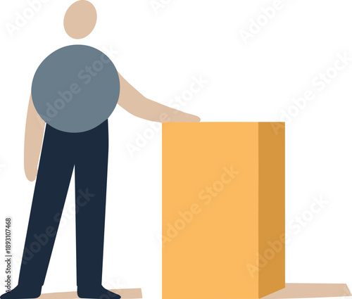 Calm abstract geometric human figure stands beside single intentionally chosen attention block in wide white space reframing