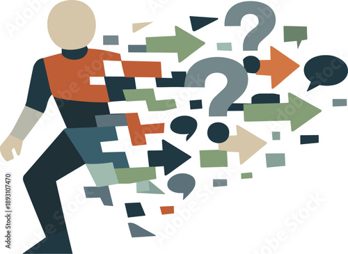 Abstract geometric human figure partially dissolves into repeating suggestion shapes becoming unstable pattern suggesting